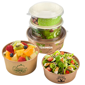 Custom Printed Disposable Biodegradable Eco friendly Kraft Paper Salad Bowl with Lid