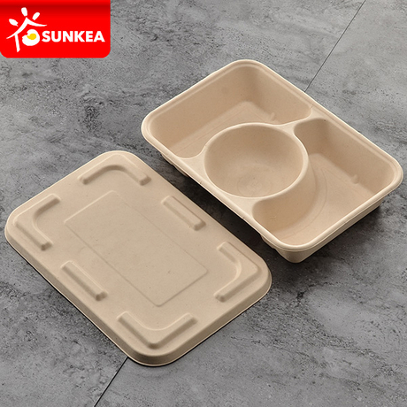 3 compartment biodegradable takeaway food box with lid