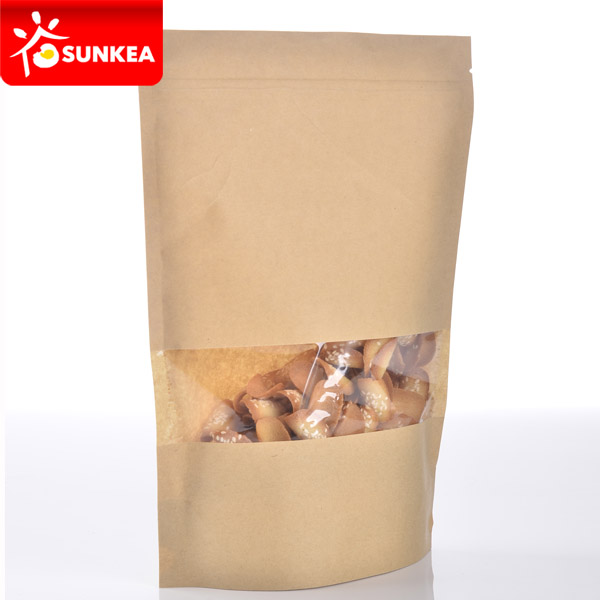 Brown Kraft Paper stand up pouches with zip closure and window