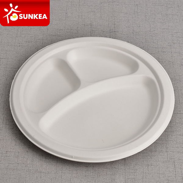 White 3 Compartments Sugarcane Pulp Bagasse Plate